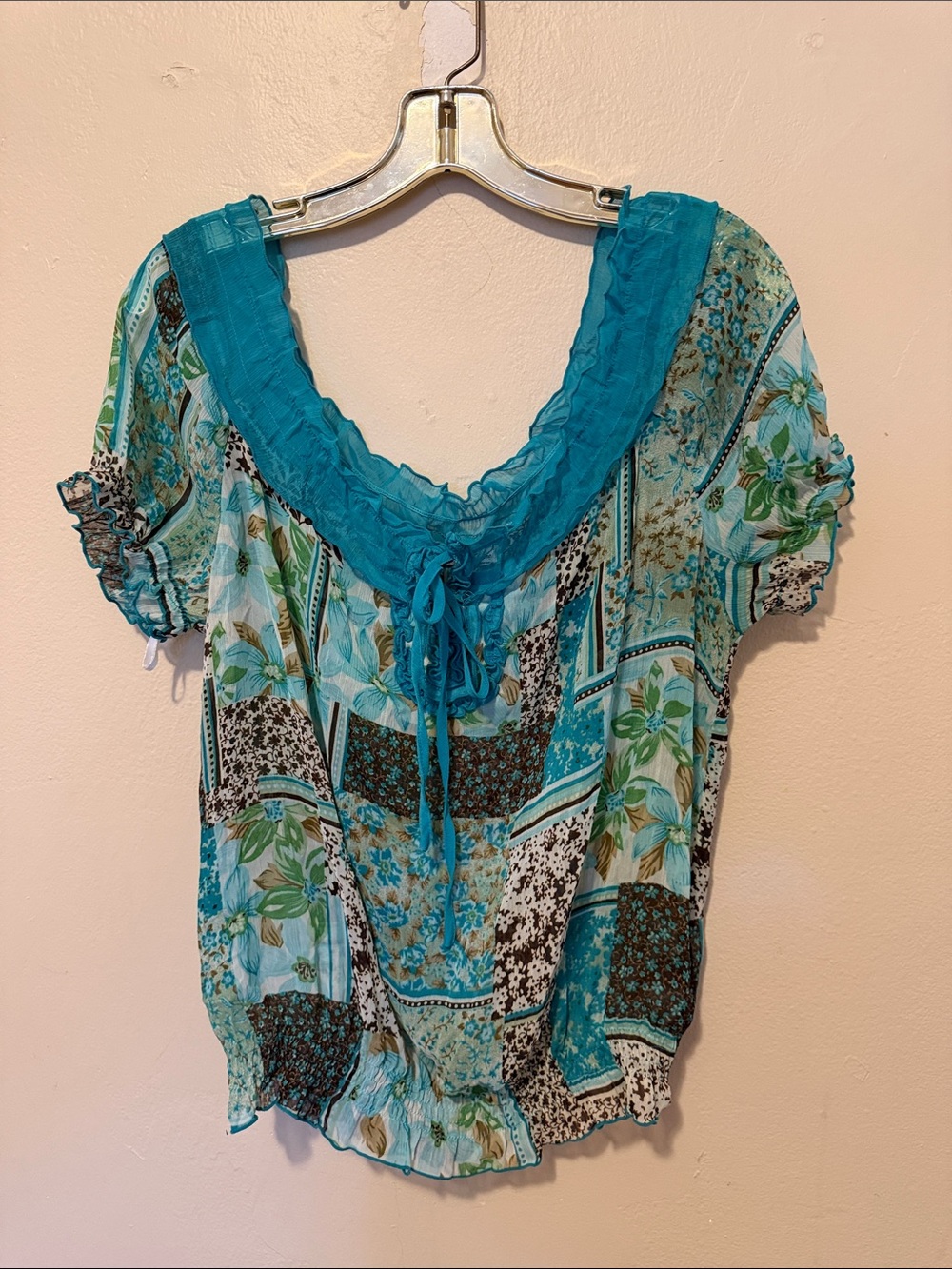 Signature by Larry Levine Teal Patchwork Floral Peasant Blouse